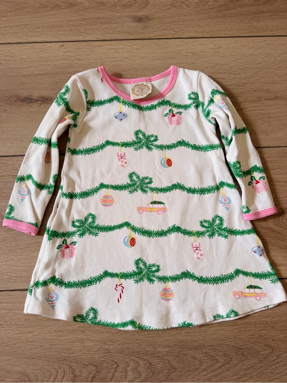 Kids Holiday Pajama Nightgown - Pink Trim White with Green Garland Print